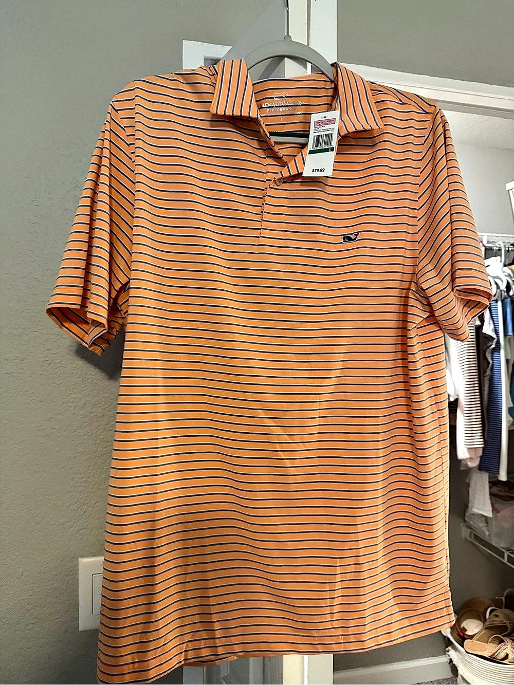 Vineyard Vines Fore Stripe Performance Polo Orange & Blue Large